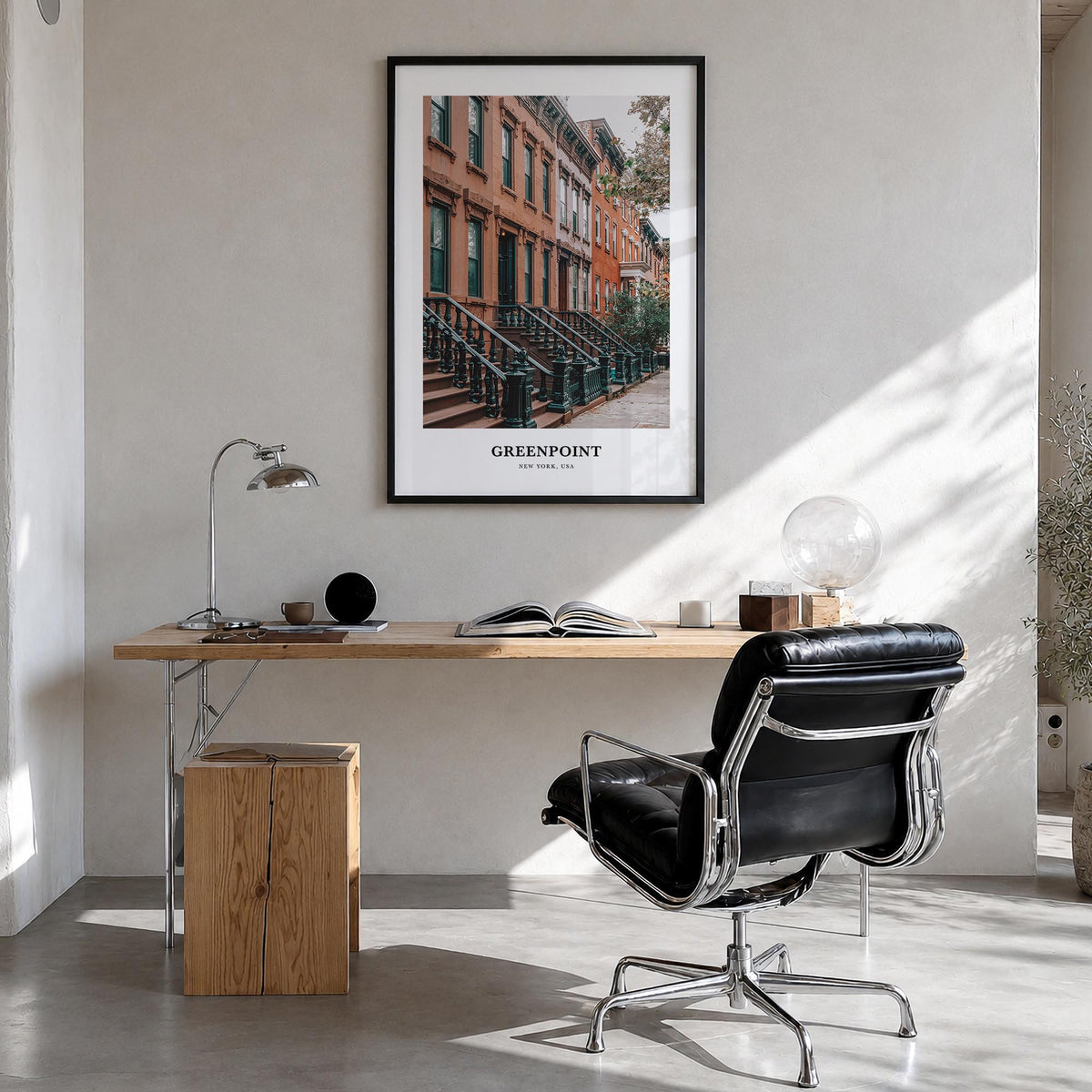Greenpoint colorful classic poster of Brooklyn, New York City – vertical wall art in black wood frame, hanging on wall