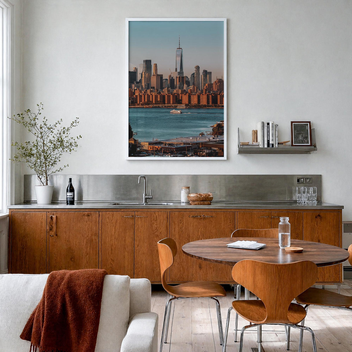 Greenpoint colorful photo poster of Brooklyn, New York City – vertical wall art in white wood frame, hanging on wall