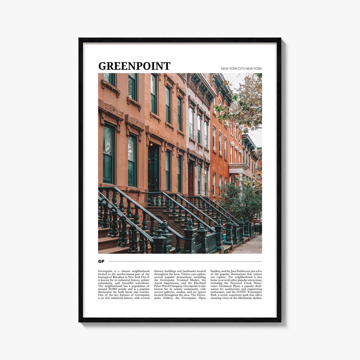 Greenpoint colorful travel poster of Brooklyn, New York City – vertical wall art, unframed print shown in interior mockup