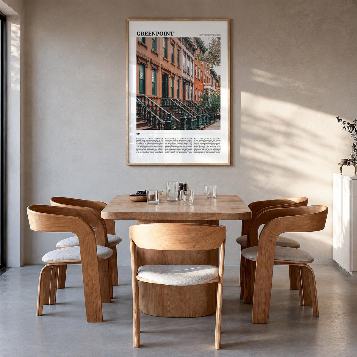 Greenpoint colorful travel poster of Brooklyn, New York City – vertical wall art in natural wood frame, hanging on wall
