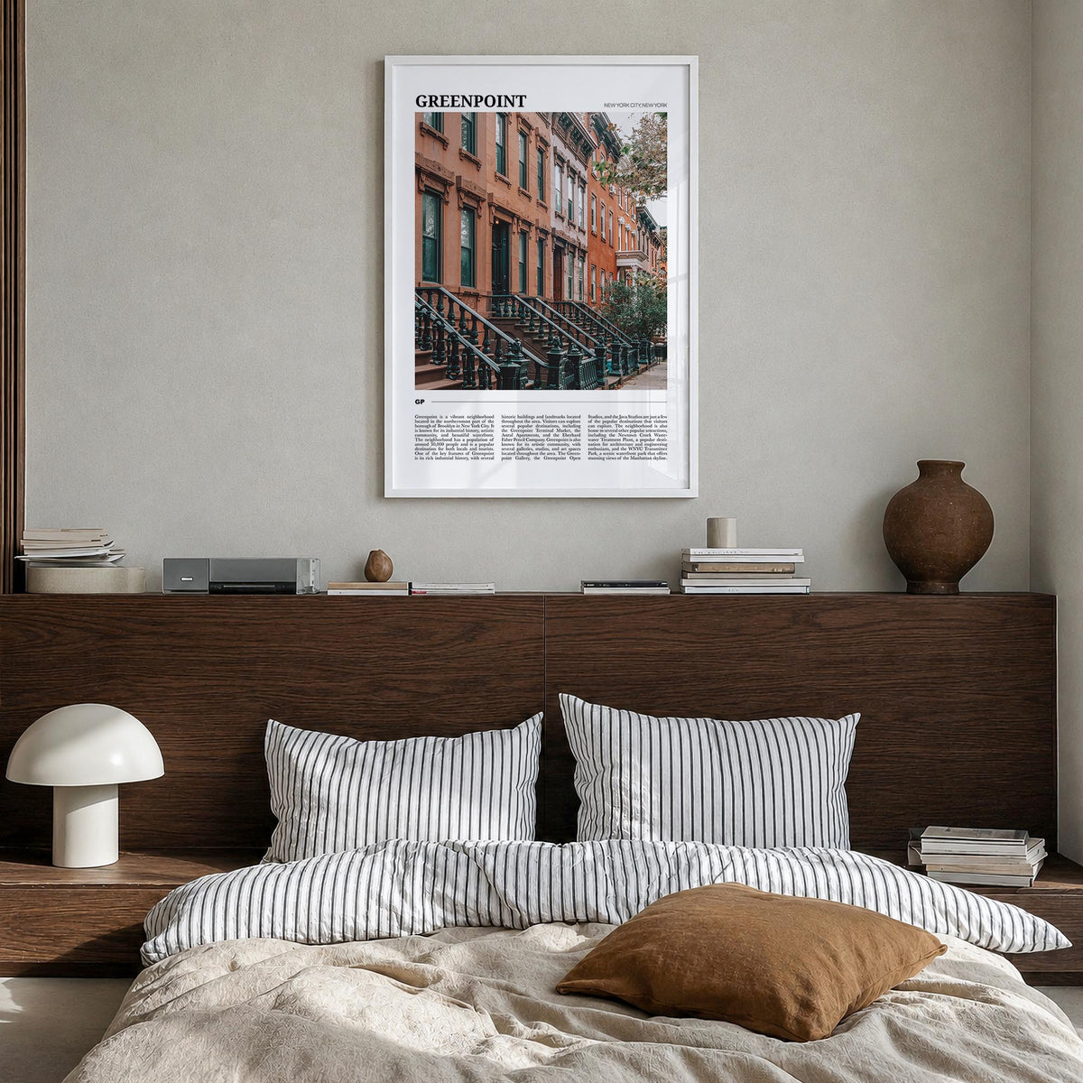 Greenpoint colorful travel poster of Brooklyn, New York City – vertical wall art in white wood frame, hanging on wall