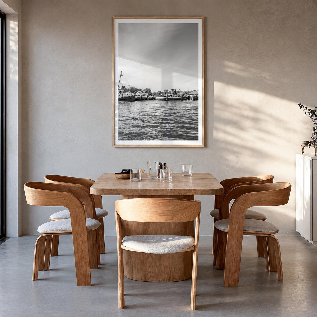 Greenport black & white photo poster of New York, USA – vertical wall art in natural wood frame with white border, hanging on