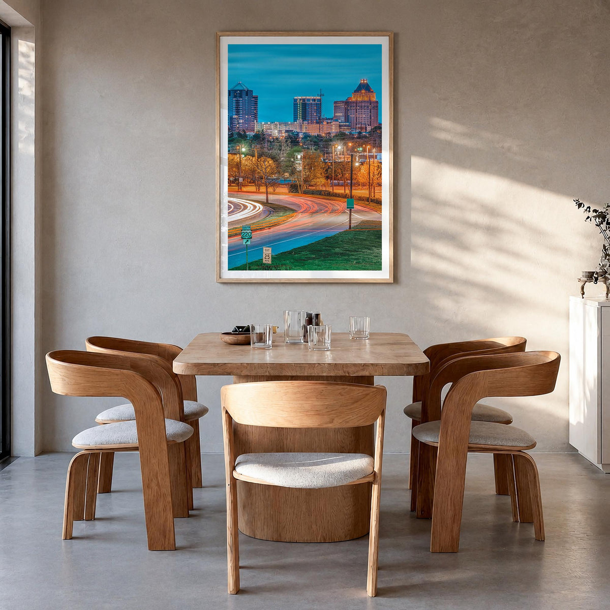 Greensboro colorful photo poster of North Carolina, USA – vertical wall art in natural wood frame with white border, hanging