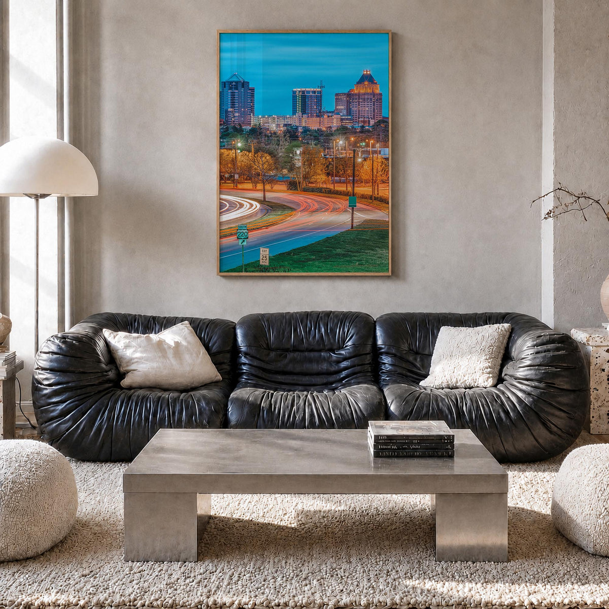 Greensboro colorful photo poster of North Carolina, USA – vertical wall art in natural wood frame, hanging on wall