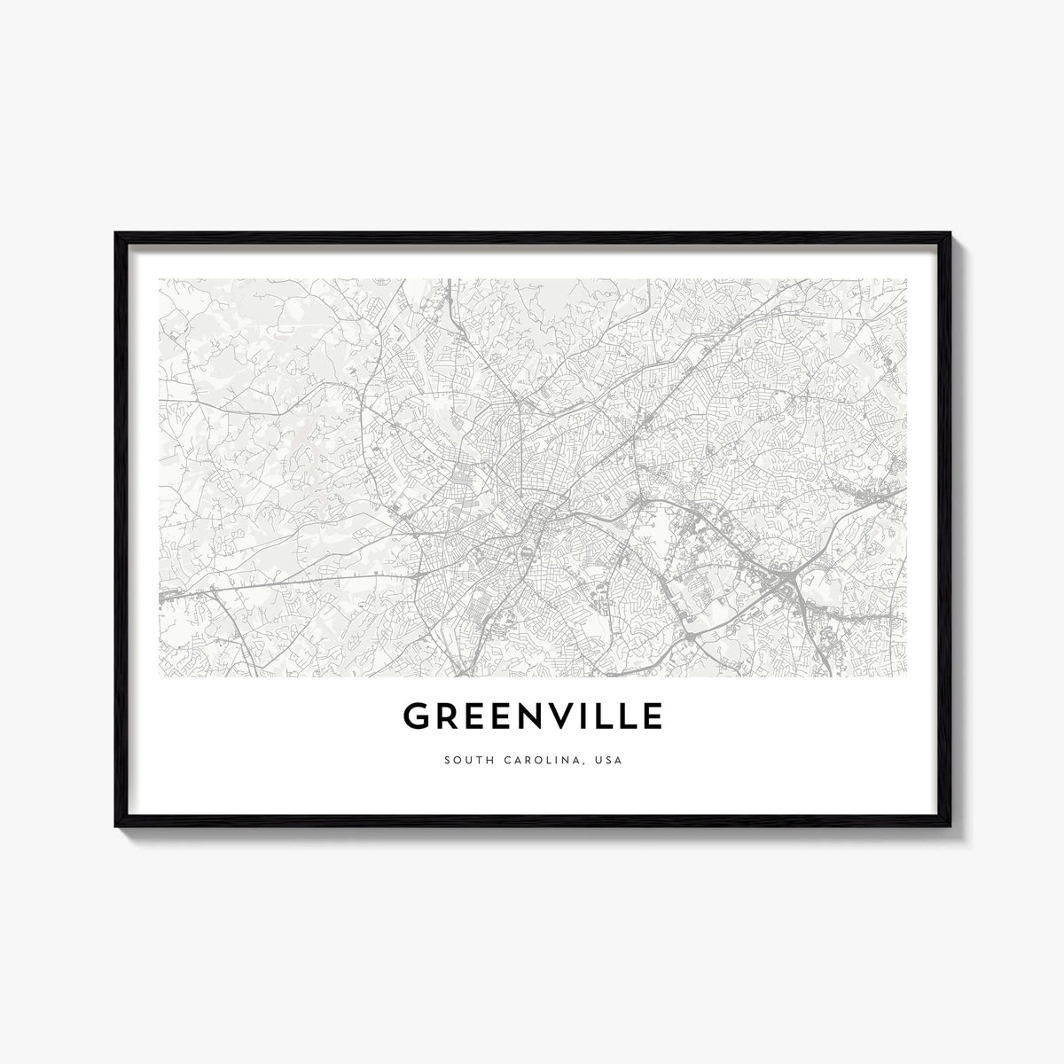 Greenville black & white map poster of South Carolina, USA – horizontal wall art, unframed print shown in interior mockup