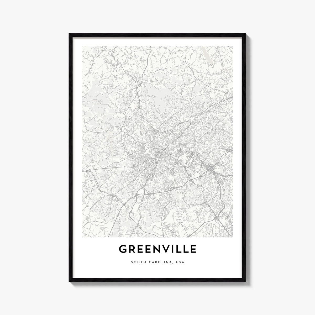 Greenville black & white map poster of South Carolina, USA – vertical wall art, unframed print shown in interior mockup