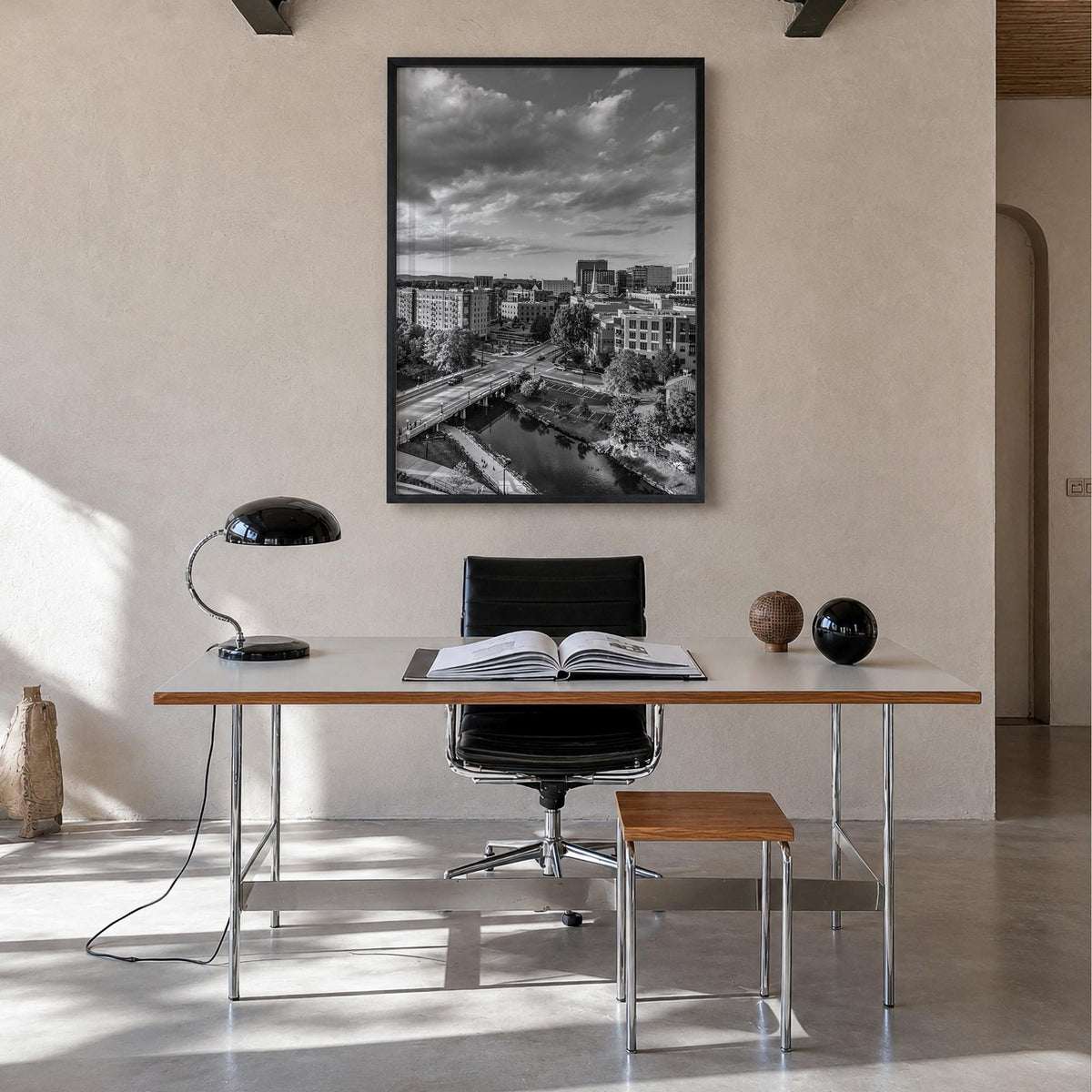 Greenville black & white photo poster of South Carolina, USA – vertical wall art in black wood frame, hanging on wall