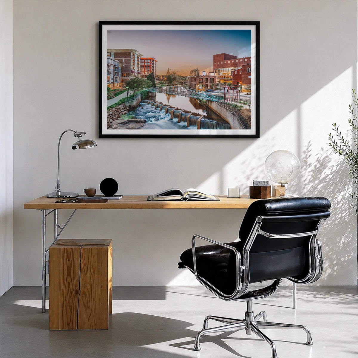Greenville colorful photo poster of South Carolina, USA – horizontal wall art in black wood frame with white border, hanging