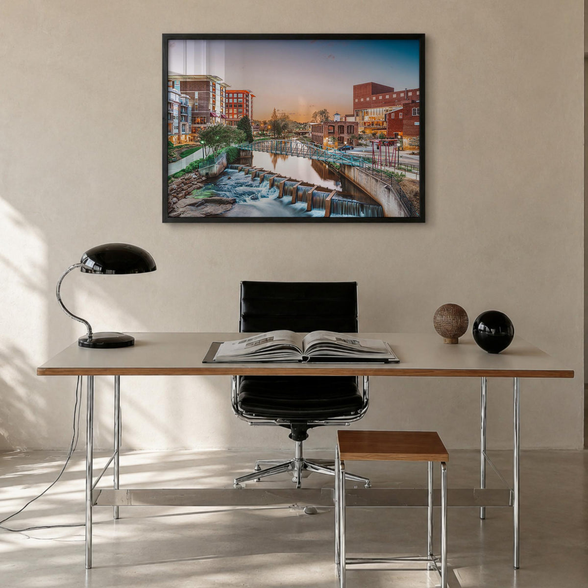 Greenville colorful photo poster of South Carolina, USA – horizontal wall art in black wood frame, hanging on wall