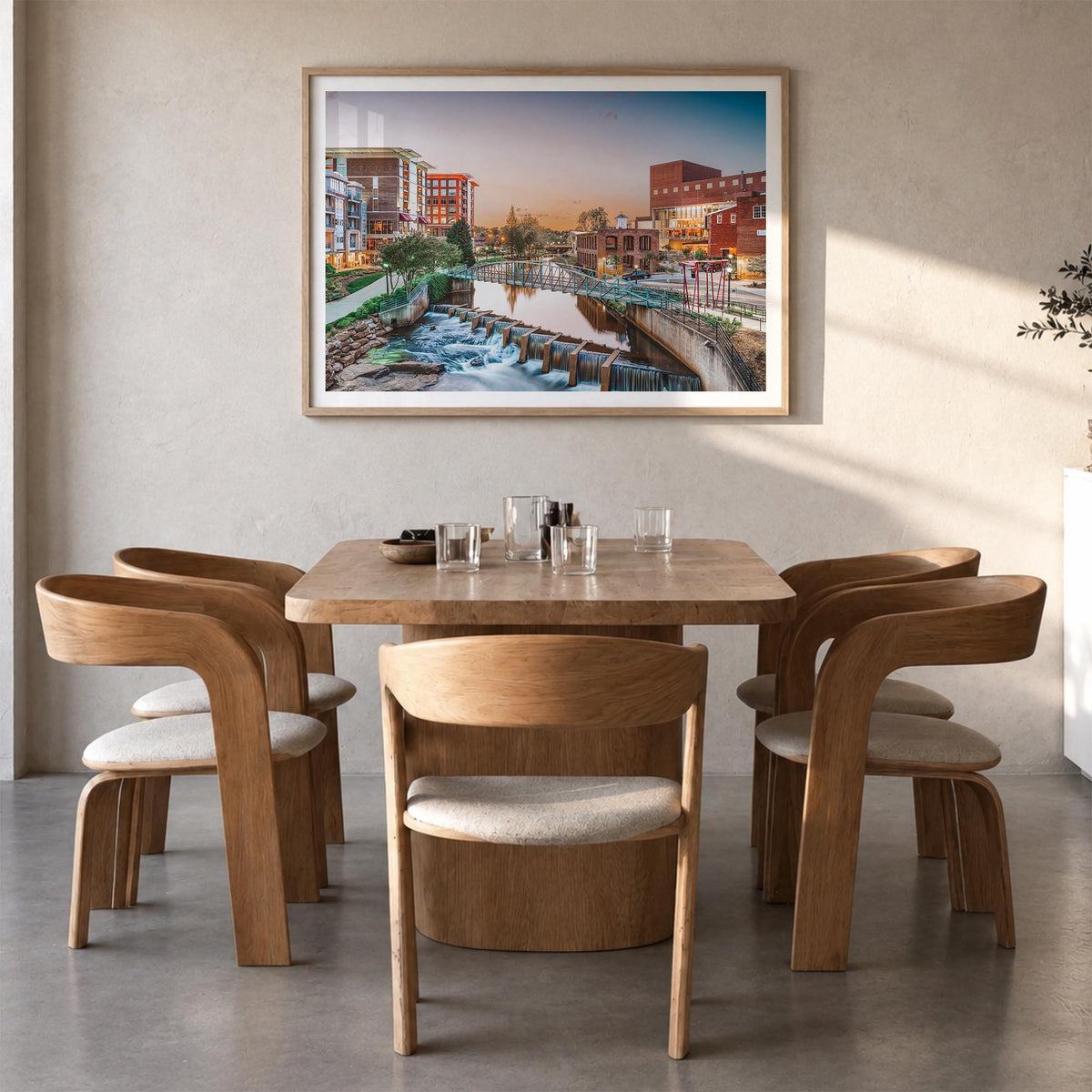 Greenville colorful photo poster of South Carolina, USA – horizontal wall art in natural wood frame with white border, hangin