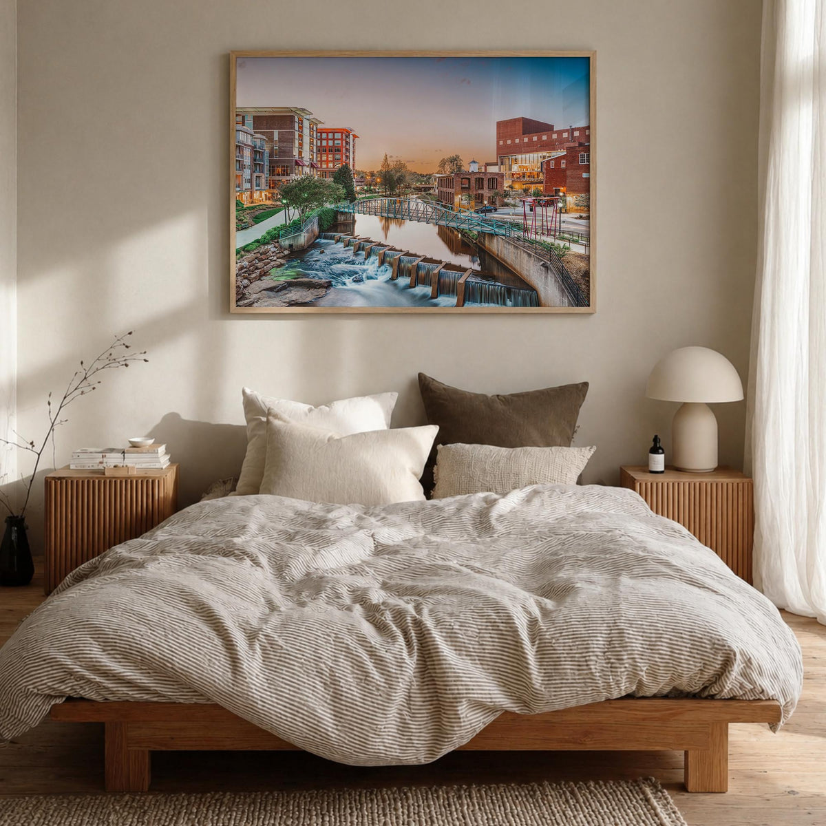 Greenville colorful photo poster of South Carolina, USA – horizontal wall art in natural wood frame, hanging on wall