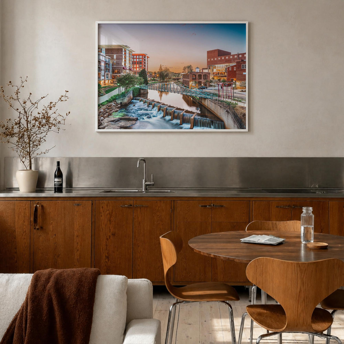 Greenville colorful photo poster of South Carolina, USA – horizontal wall art in white wood frame, hanging on wall