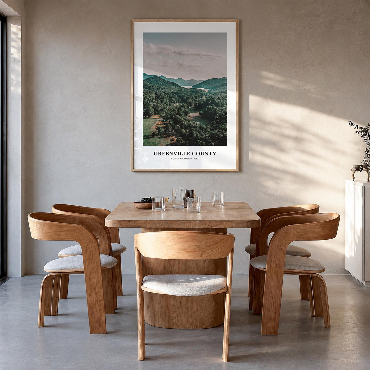 Greenville County colorful classic poster of South Carolina, USA – vertical wall art in natural wood frame, hanging on wall