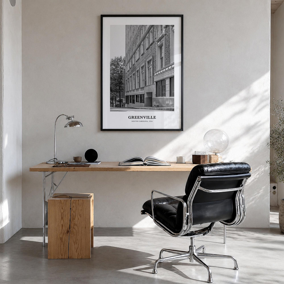 Greenville no. 1 black & white classic poster of South Carolina, USA – vertical wall art in black wood frame, hanging on wall