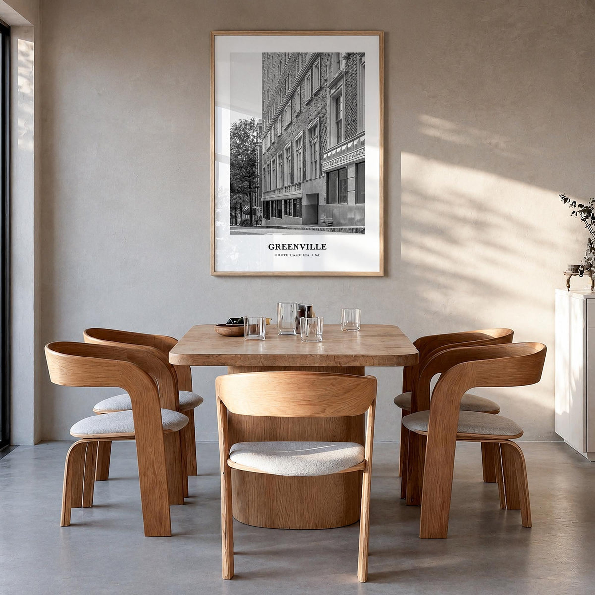 Greenville no. 1 black & white classic poster of South Carolina, USA – vertical wall art in natural wood frame, hanging on wa