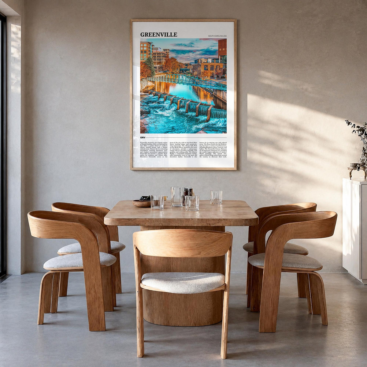 Greenville no. 1 colorful travel poster of South Carolina, USA – vertical wall art in natural wood frame, hanging on wall