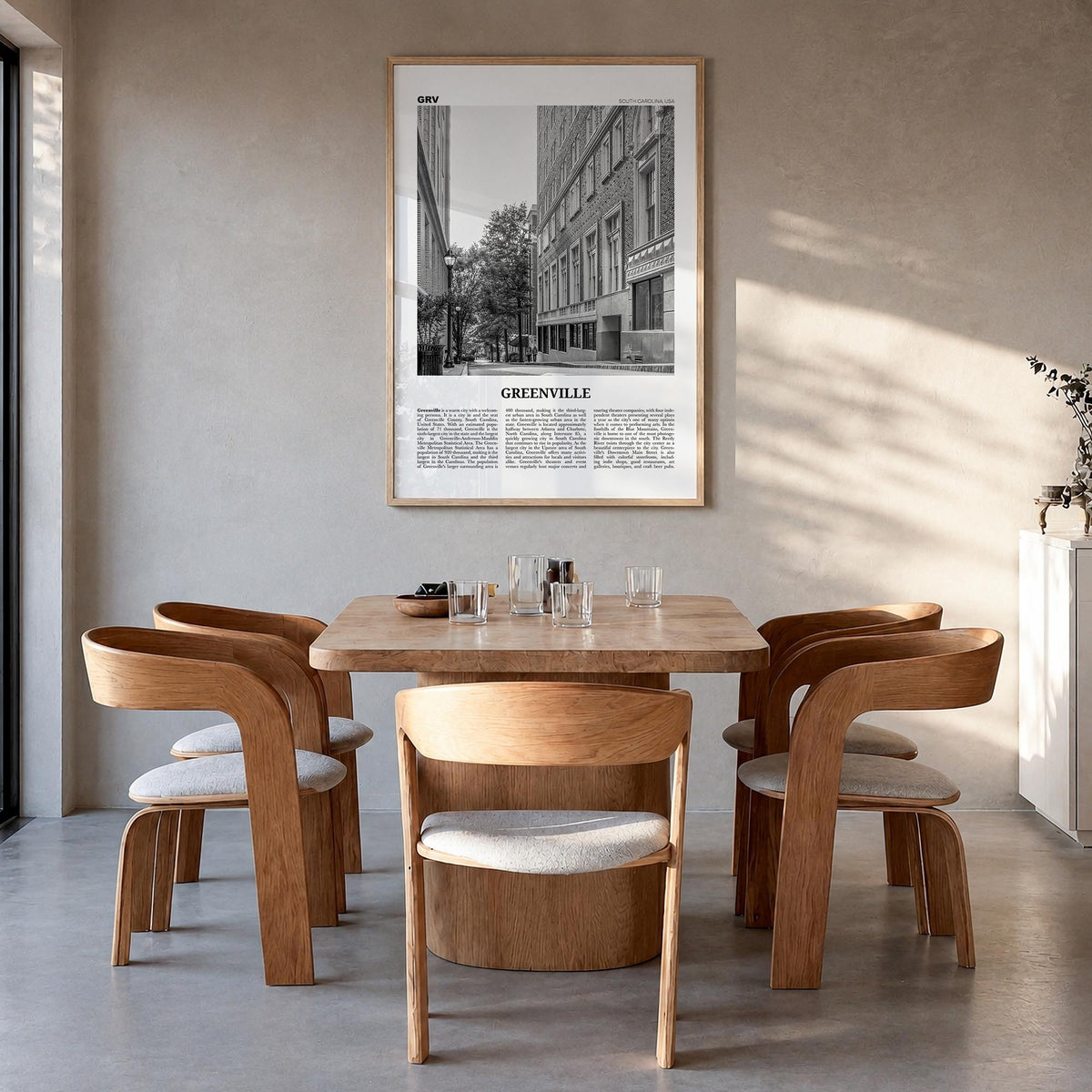 Greenville no. 2 black & white newspaper poster of South Carolina, USA – vertical wall art in natural wood frame, hanging on