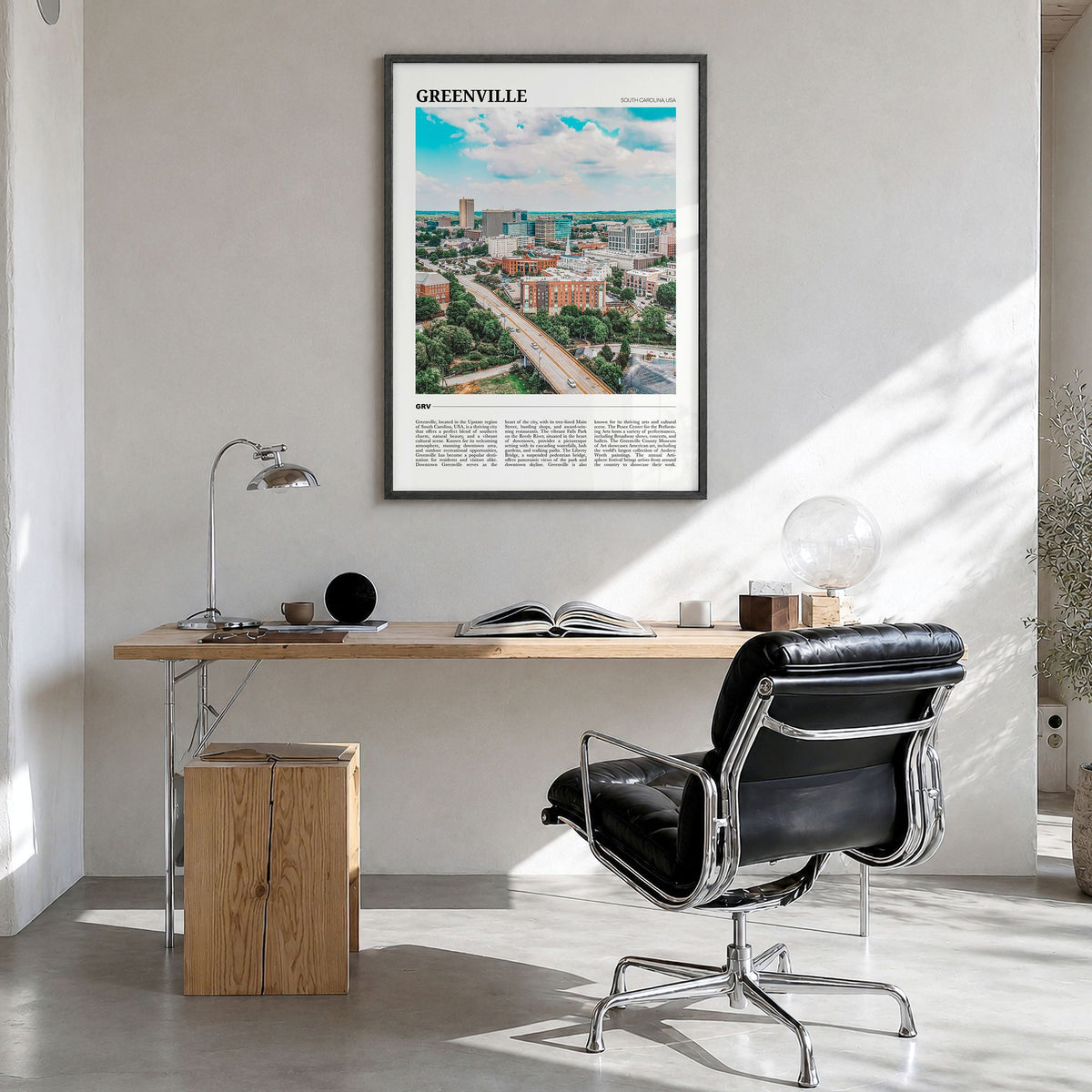 Greenville, South Carolina Travel No 2 Poster in a black wood frame, hanging in a bright home office