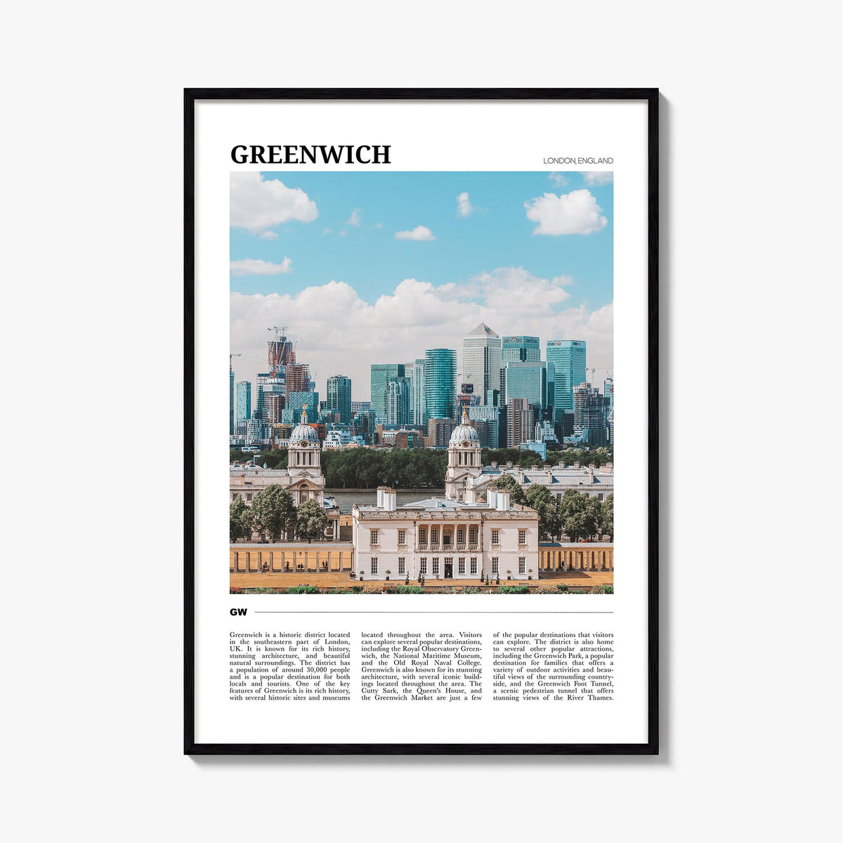 Greenwich, London colorful travel poster of United Kingdom – vertical wall art, unframed print shown in interior mockup