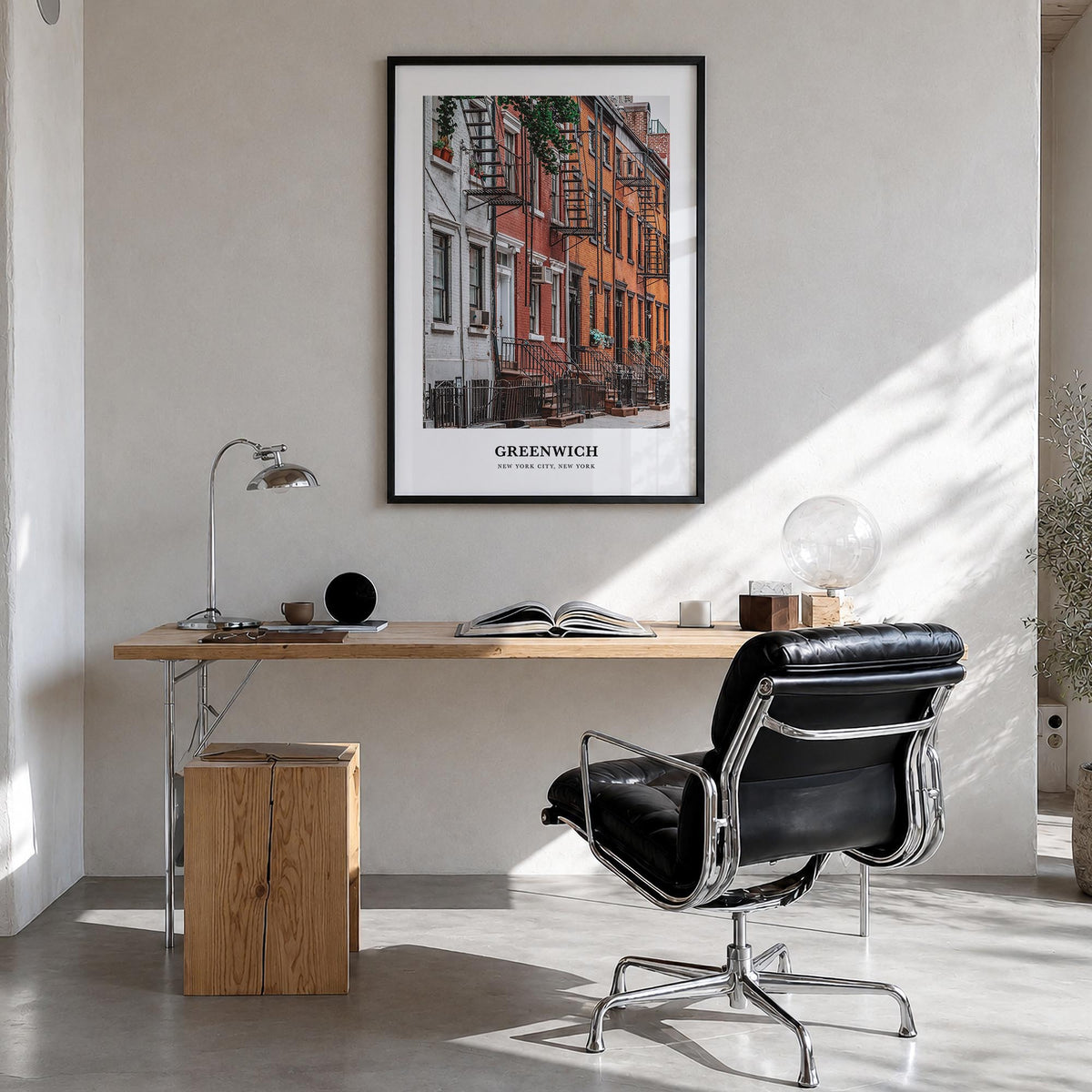 Greenwich, New York colorful classic poster of New York, USA – vertical wall art in black wood frame, hanging on wall