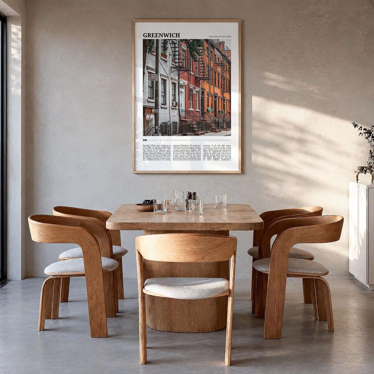 Greenwich, New York colorful travel poster of New York, USA – vertical wall art in natural wood frame, hanging on wall