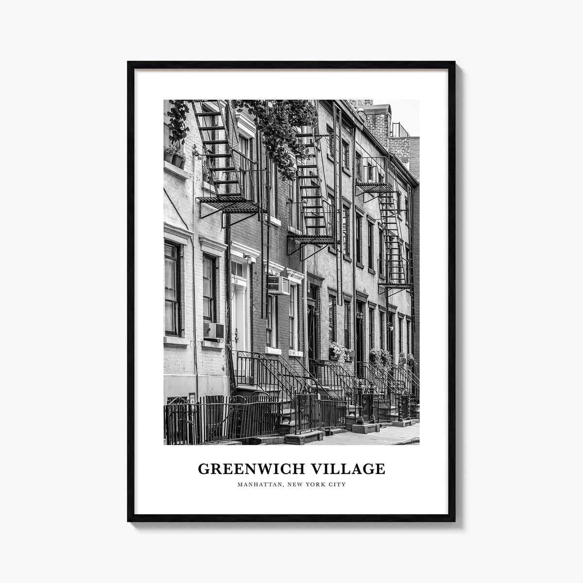 Greenwich Village black & white classic poster of Manhattan, New York City – vertical wall art, unframed print shown in inter