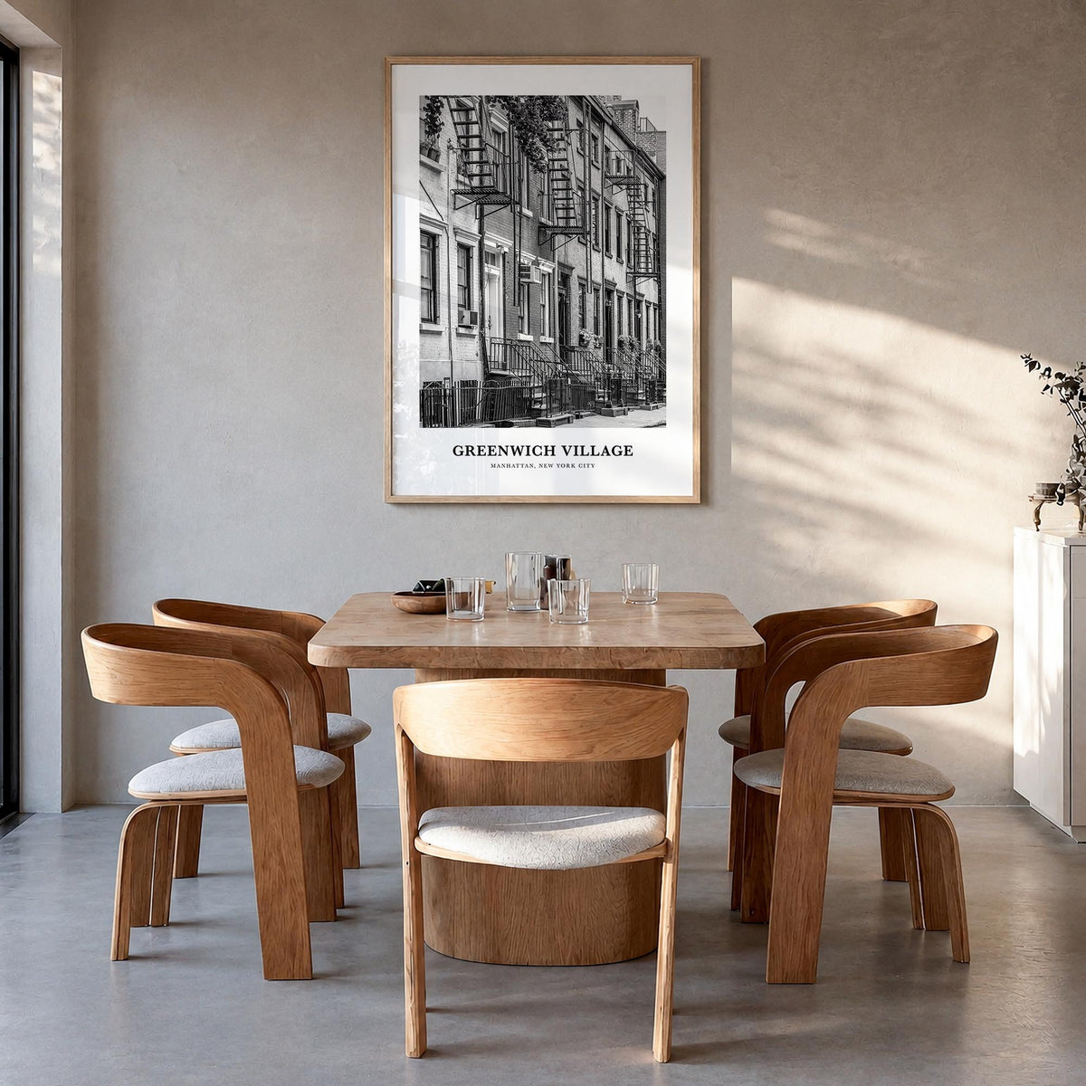 Greenwich Village black & white classic poster of Manhattan, New York City – vertical wall art in natural wood frame, hanging