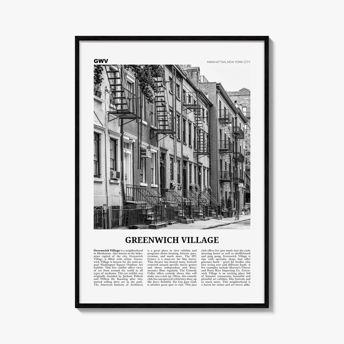 Greenwich Village black & white newspaper poster of Manhattan, New York City – vertical wall art, unframed print shown in int