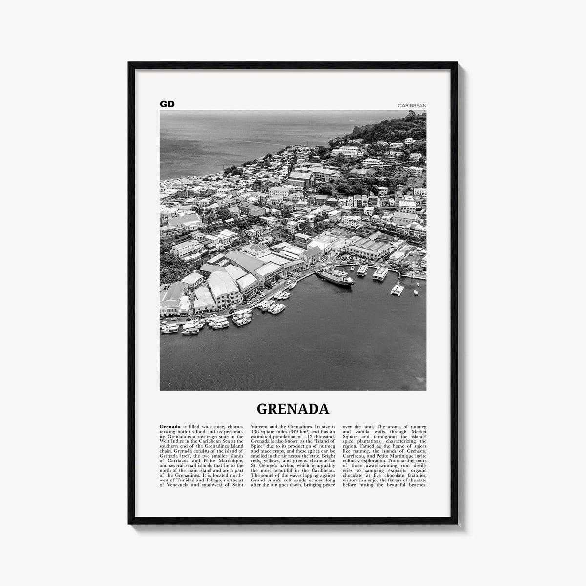 Grenada black & white newspaper poster of Caribbean – vertical wall art, unframed print shown in interior mockup