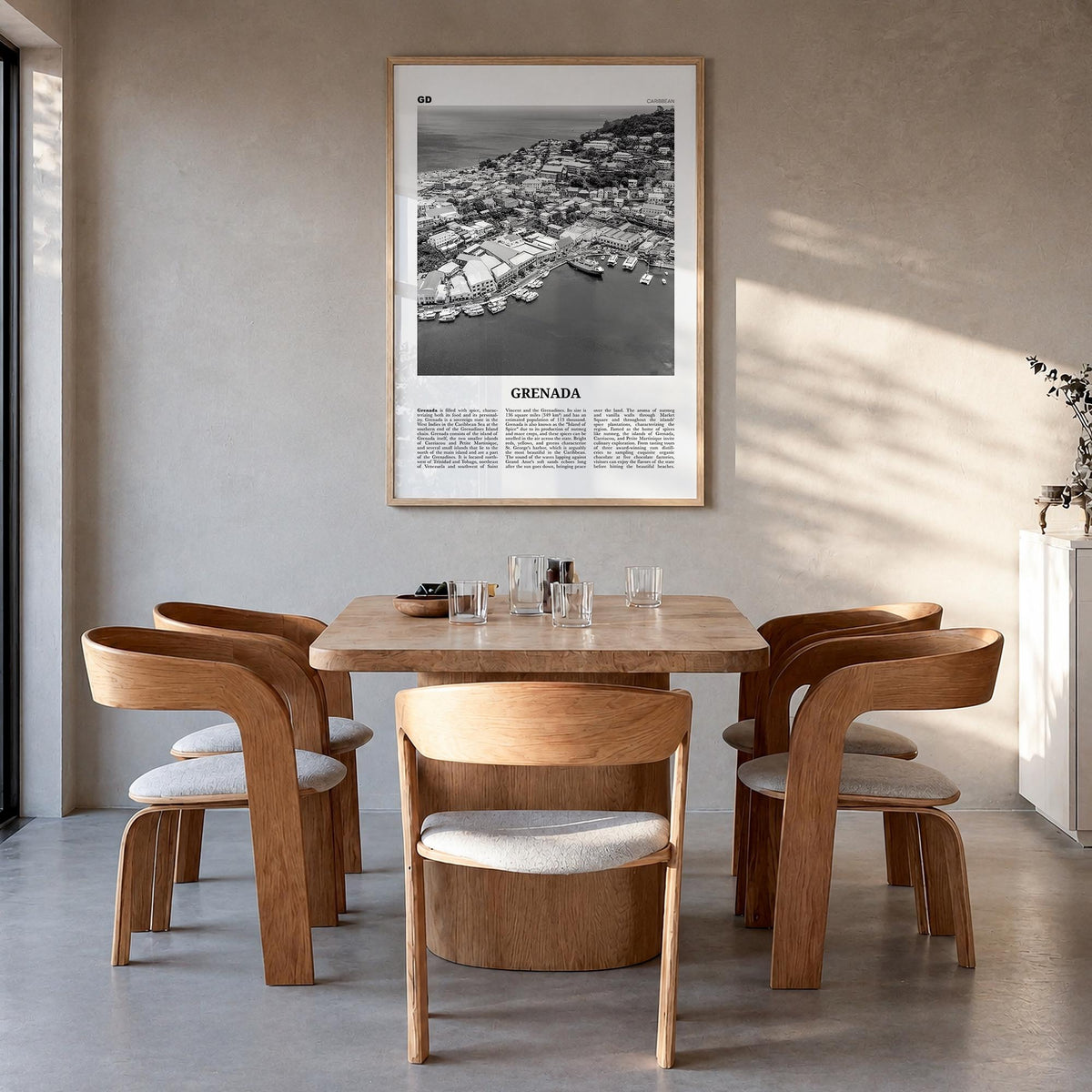 Grenada black & white newspaper poster of Caribbean – vertical wall art in natural wood frame, hanging on wall
