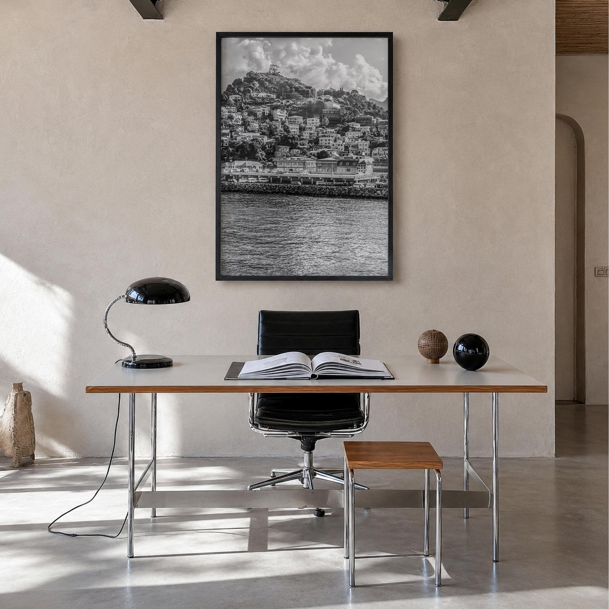 Grenada black & white photo poster of Caribbean – vertical wall art in black wood frame, hanging on wall
