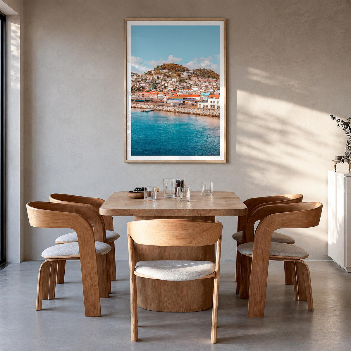 Grenada colorful photo poster of Caribbean – vertical wall art in natural wood frame with white border, hanging on wall