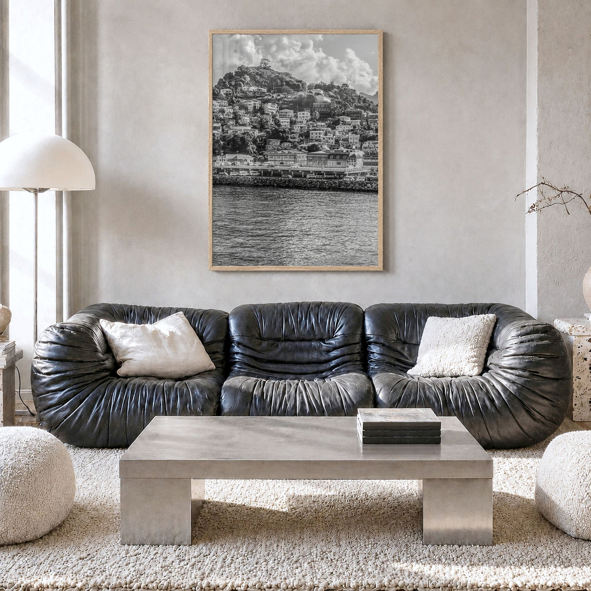 Grenada Photo Poster in a natural wood frame, hanging in a living room, full image (no border)