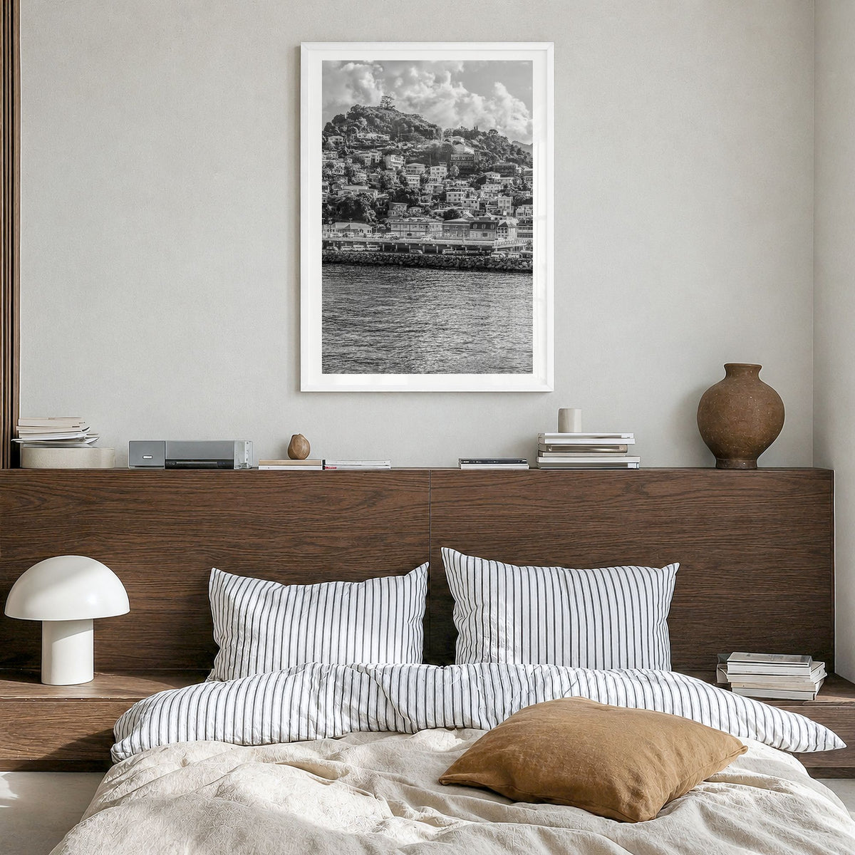 Grenada Photo Poster in a white wood frame, hanging in a bedroom, white border