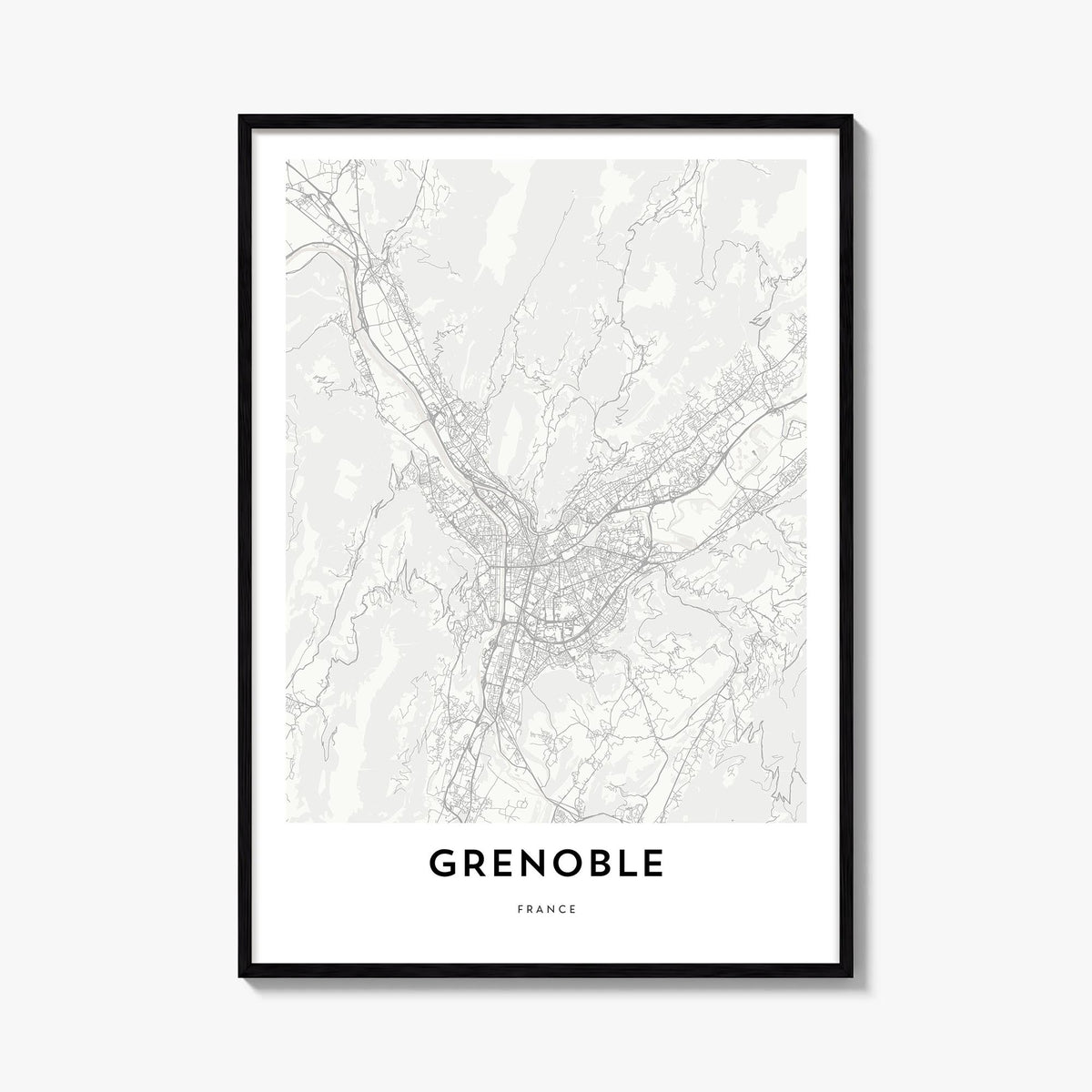 Grenoble black & white map poster of France – vertical wall art, unframed print shown in interior mockup