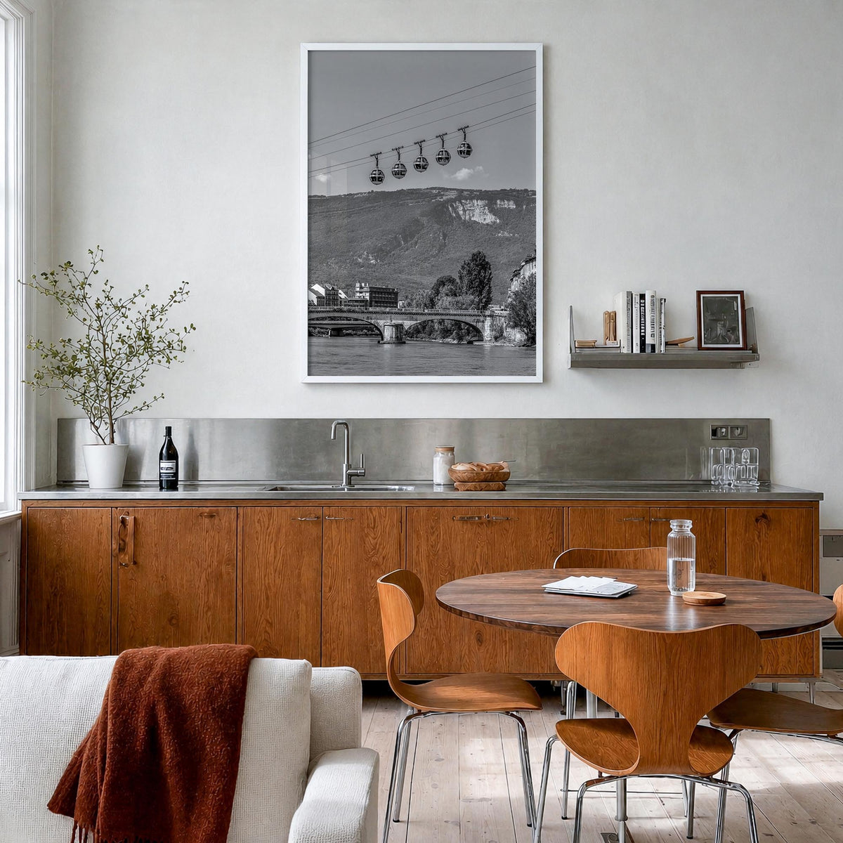 Grenoble black & white photo poster of France – vertical wall art in white wood frame, hanging on wall