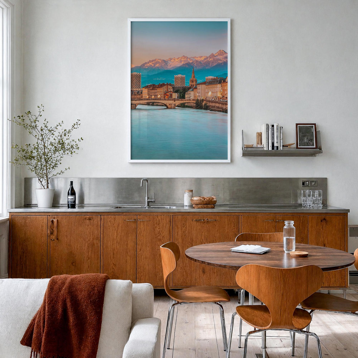 Grenoble colorful photo poster of France – vertical wall art in white wood frame, hanging on wall