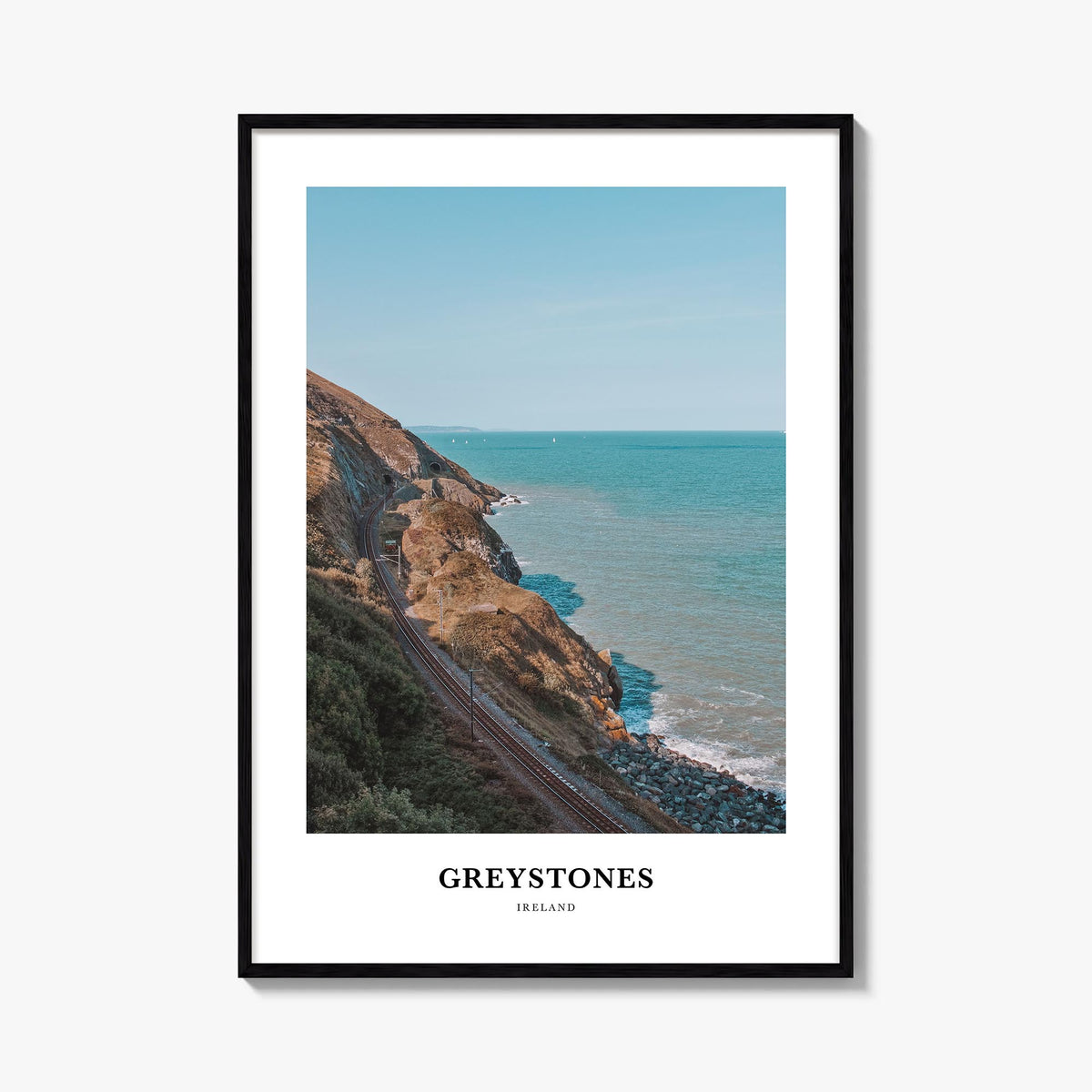 Greystones colorful classic poster of Ireland – vertical wall art, unframed print shown in interior mockup