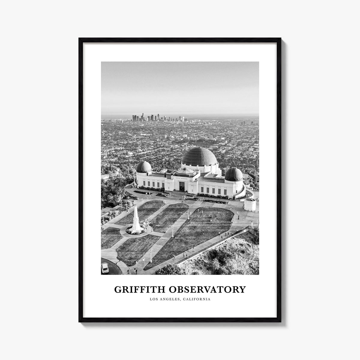 Griffith Observatory black & white classic poster of Los Angeles, California – vertical wall art, unframed print shown in int