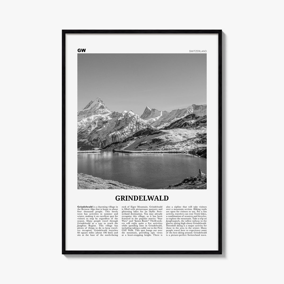 Grindelwald black & white newspaper poster of Switzerland – vertical wall art, unframed print shown in interior mockup