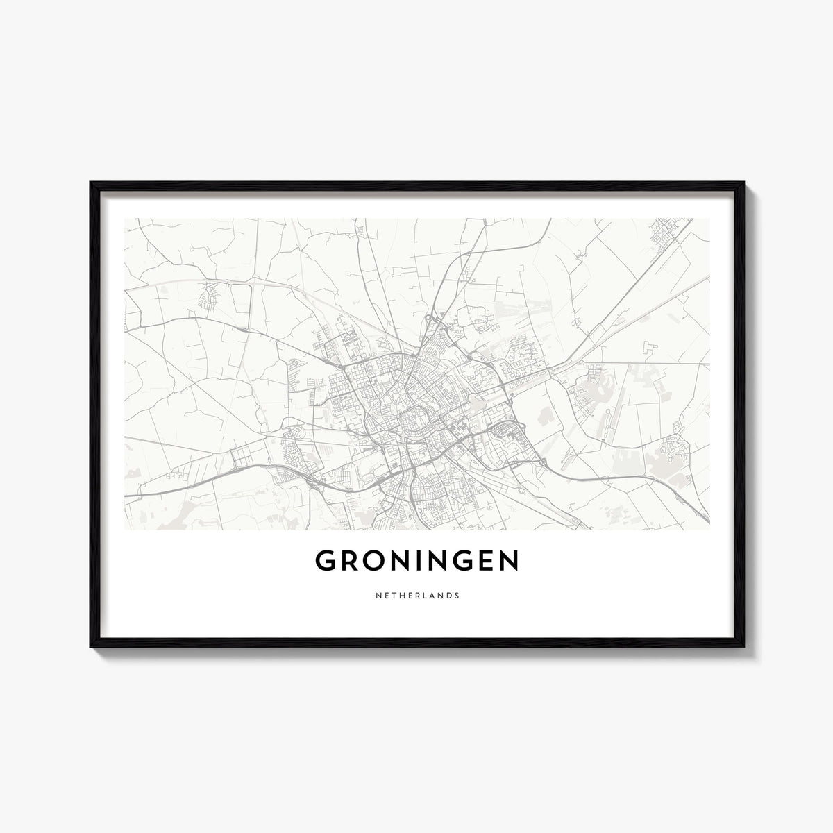 Groningen black & white map poster of Netherlands – horizontal wall art, unframed print shown in interior mockup