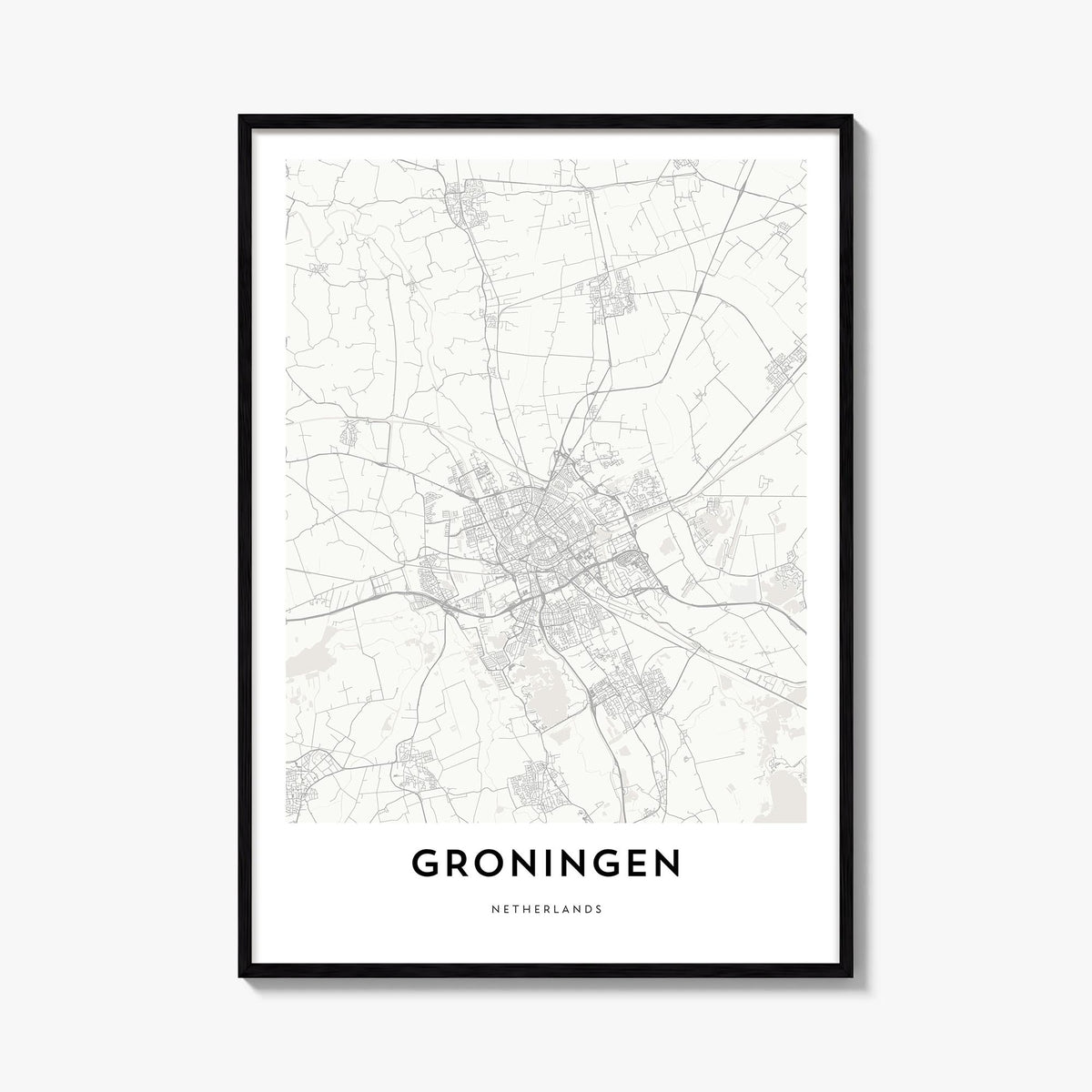 Groningen black & white map poster of Netherlands – vertical wall art, unframed print shown in interior mockup
