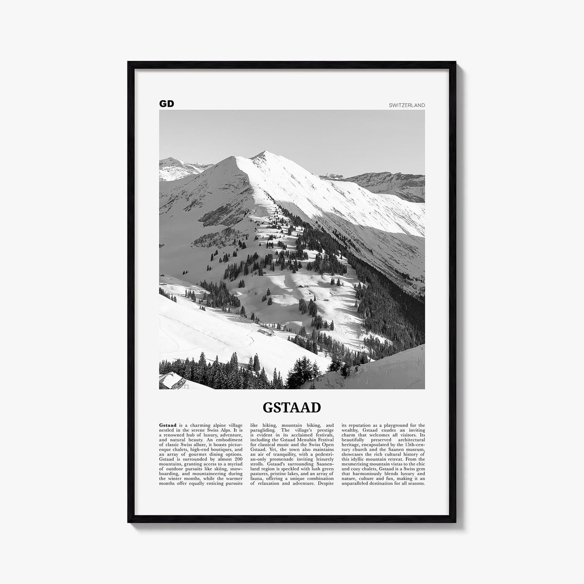 Gstaad black & white newspaper poster of Switzerland – vertical wall art, unframed print shown in interior mockup