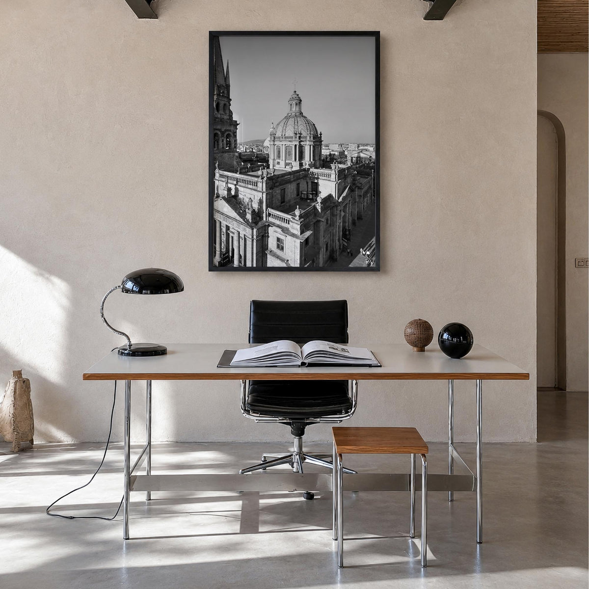 Guadalajara black & white photo poster of Mexico – vertical wall art in black wood frame, hanging on wall