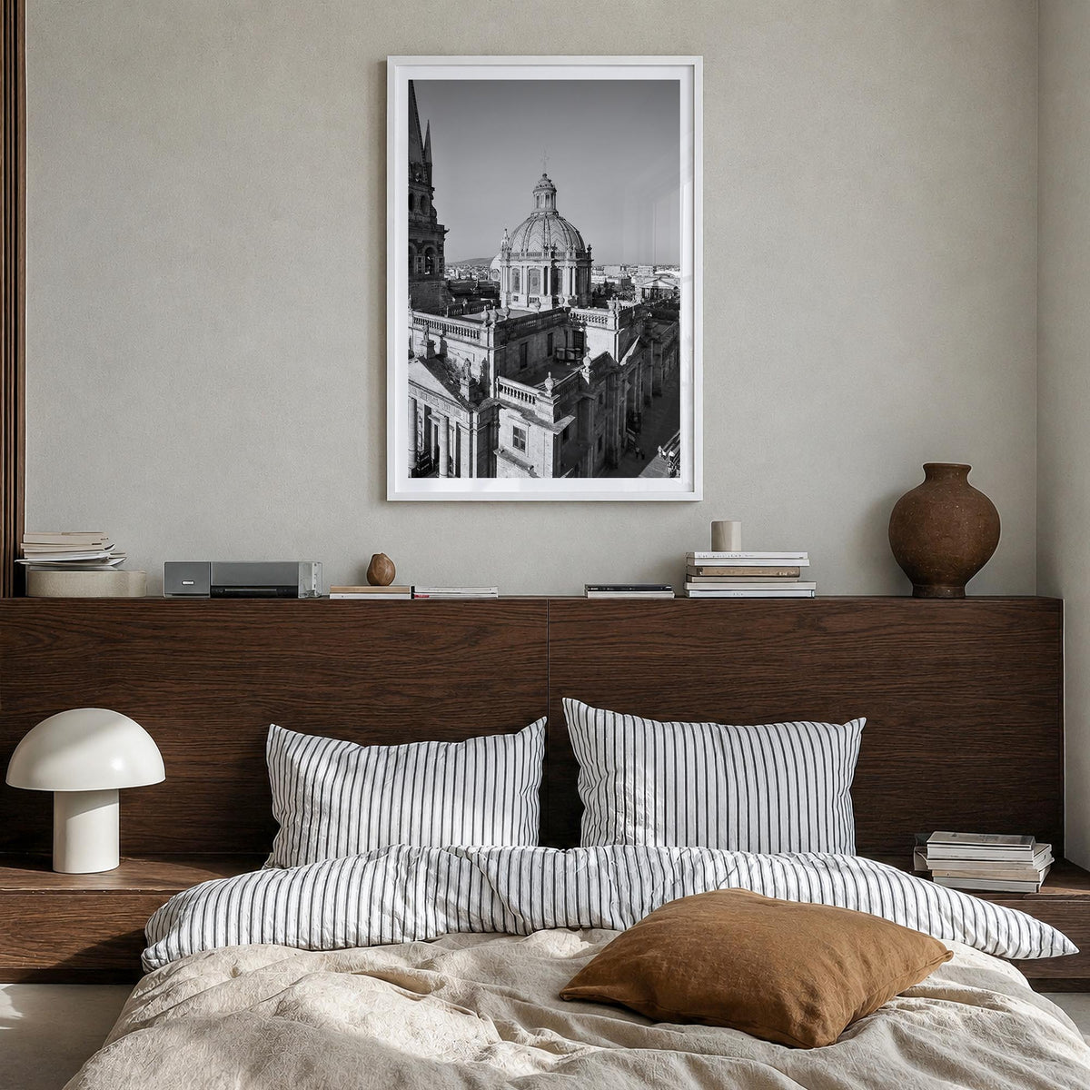 Guadalajara black & white photo poster of Mexico – vertical wall art in white wood frame with white border, hanging on wall