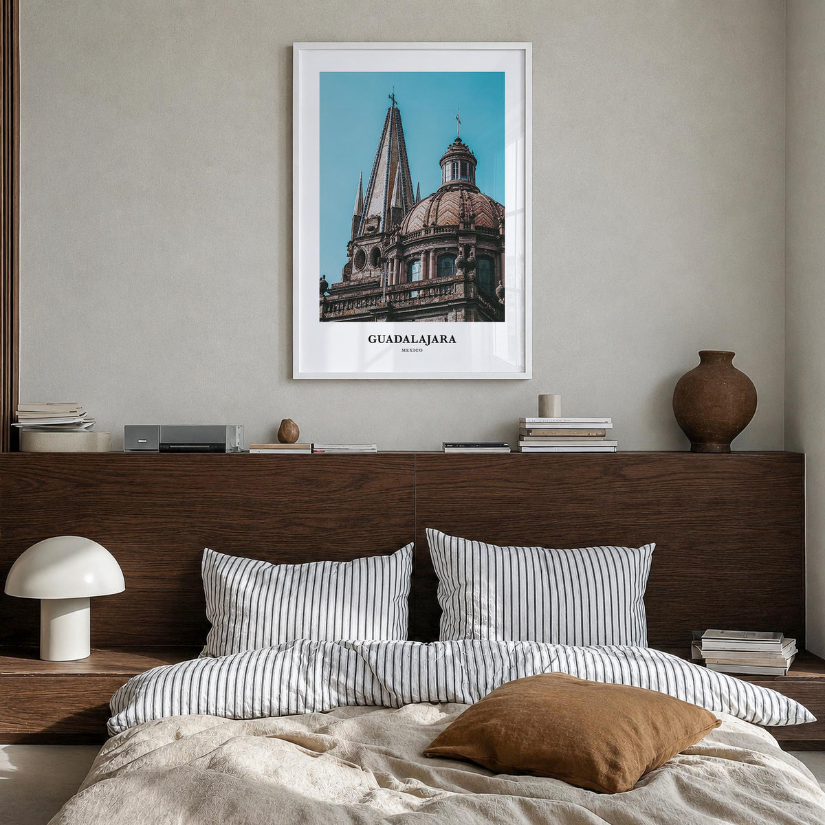 Guadalajara colorful classic poster of Mexico – vertical wall art in white wood frame, hanging on wall