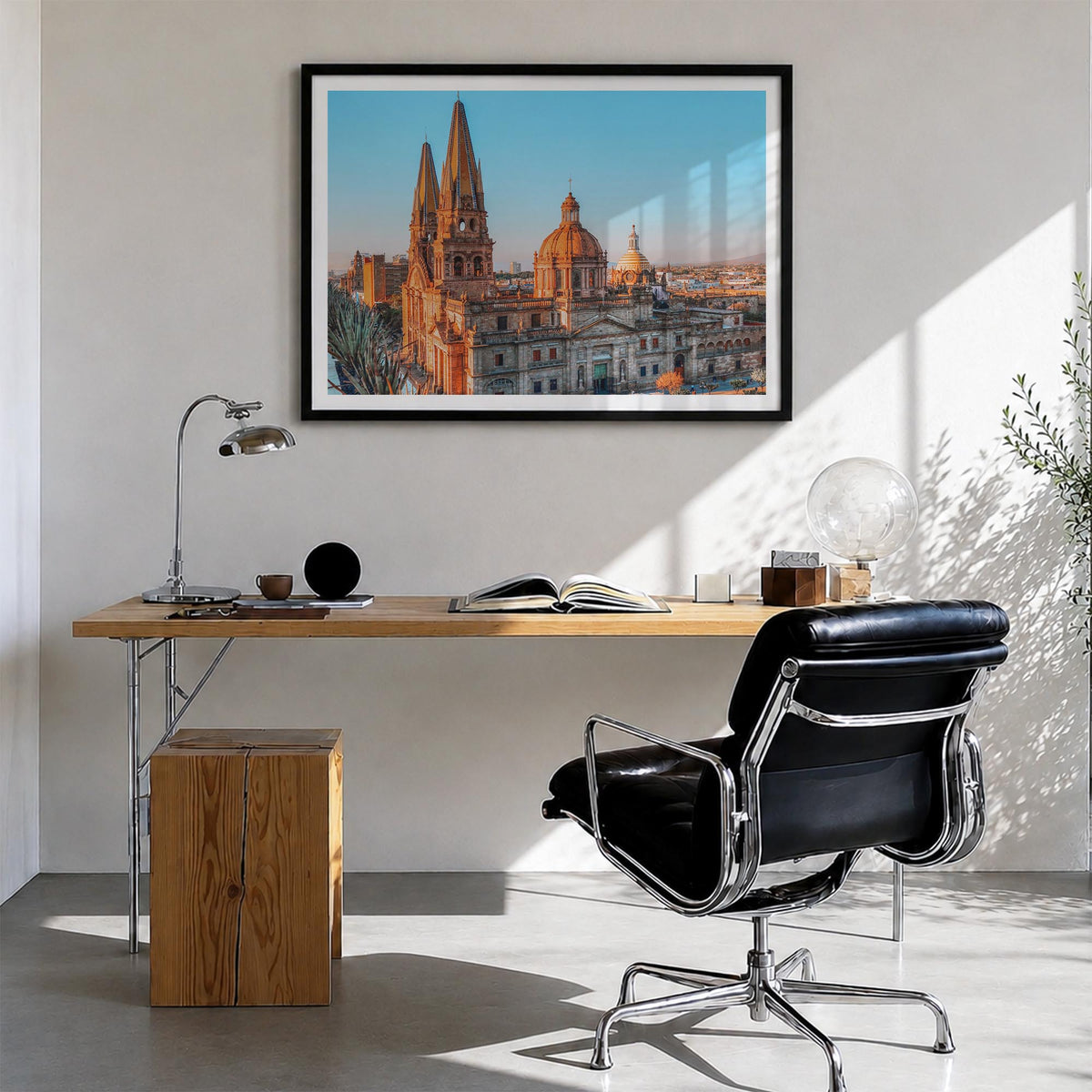 Guadalajara colorful photo poster of Mexico – horizontal wall art in black wood frame with white border, hanging on wall