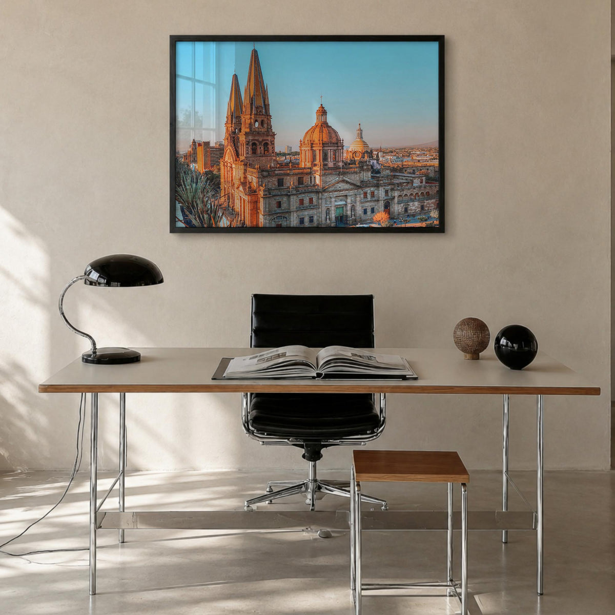 Guadalajara colorful photo poster of Mexico – horizontal wall art in black wood frame, hanging on wall
