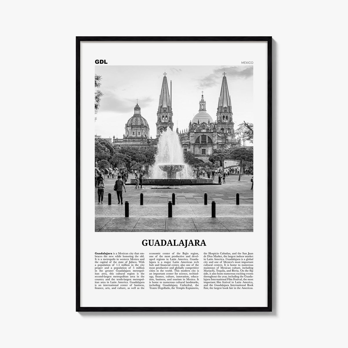 Guadalajara no. 1 black & white newspaper poster of Mexico – vertical wall art, unframed print shown in interior mockup