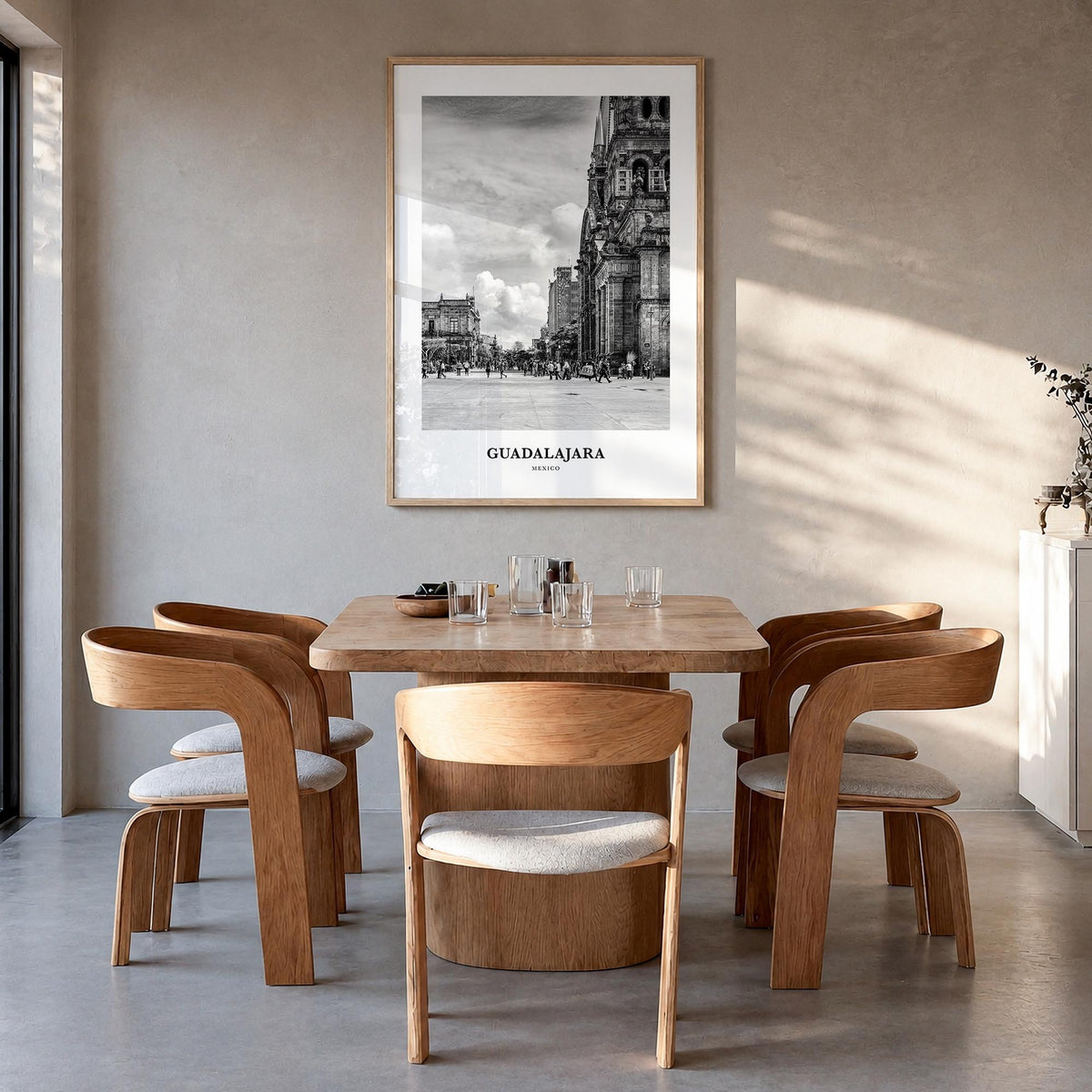 Guadalajara no. 2 black & white classic poster of Mexico – vertical wall art in natural wood frame, hanging on wall